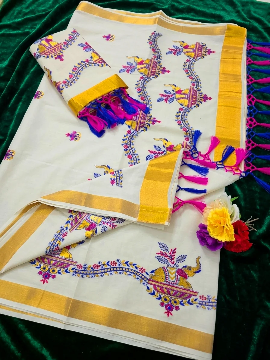 Off White Kasavu Cotton Saree with Multicolor Elephant & Floral Vine Embroidery